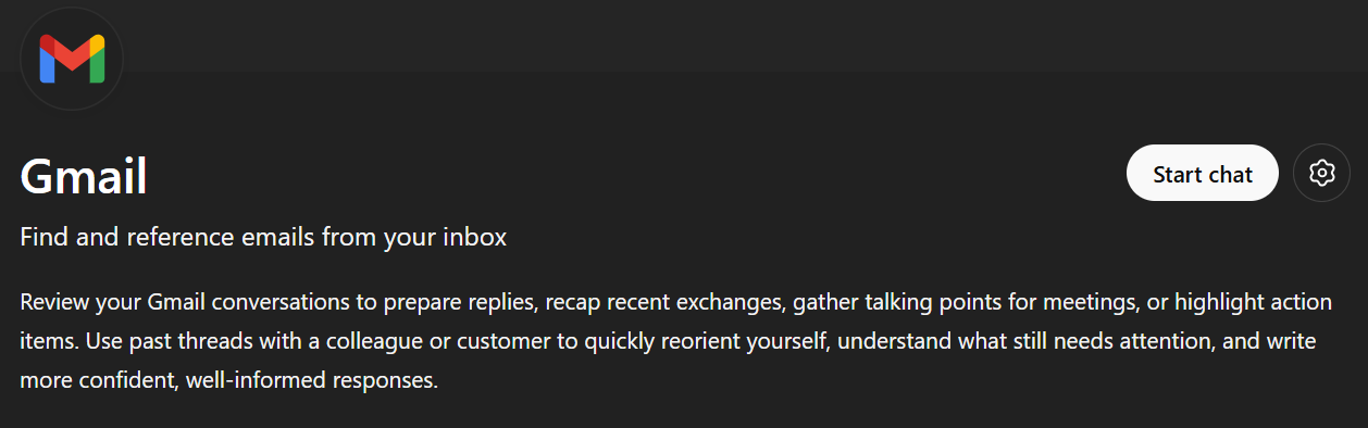 Start chat to begin using Gmail data
