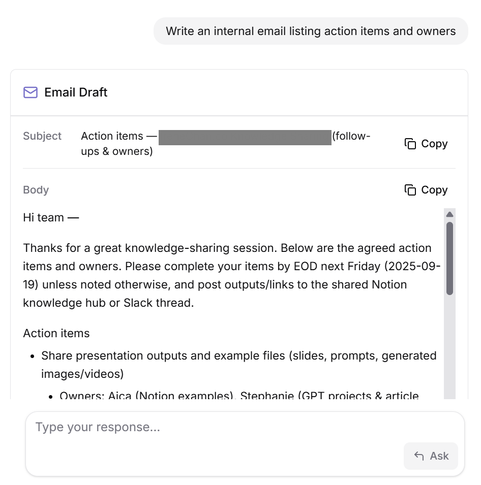 Sample email draft generated with Tactiq