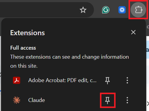 Pin Claude Chrome extension