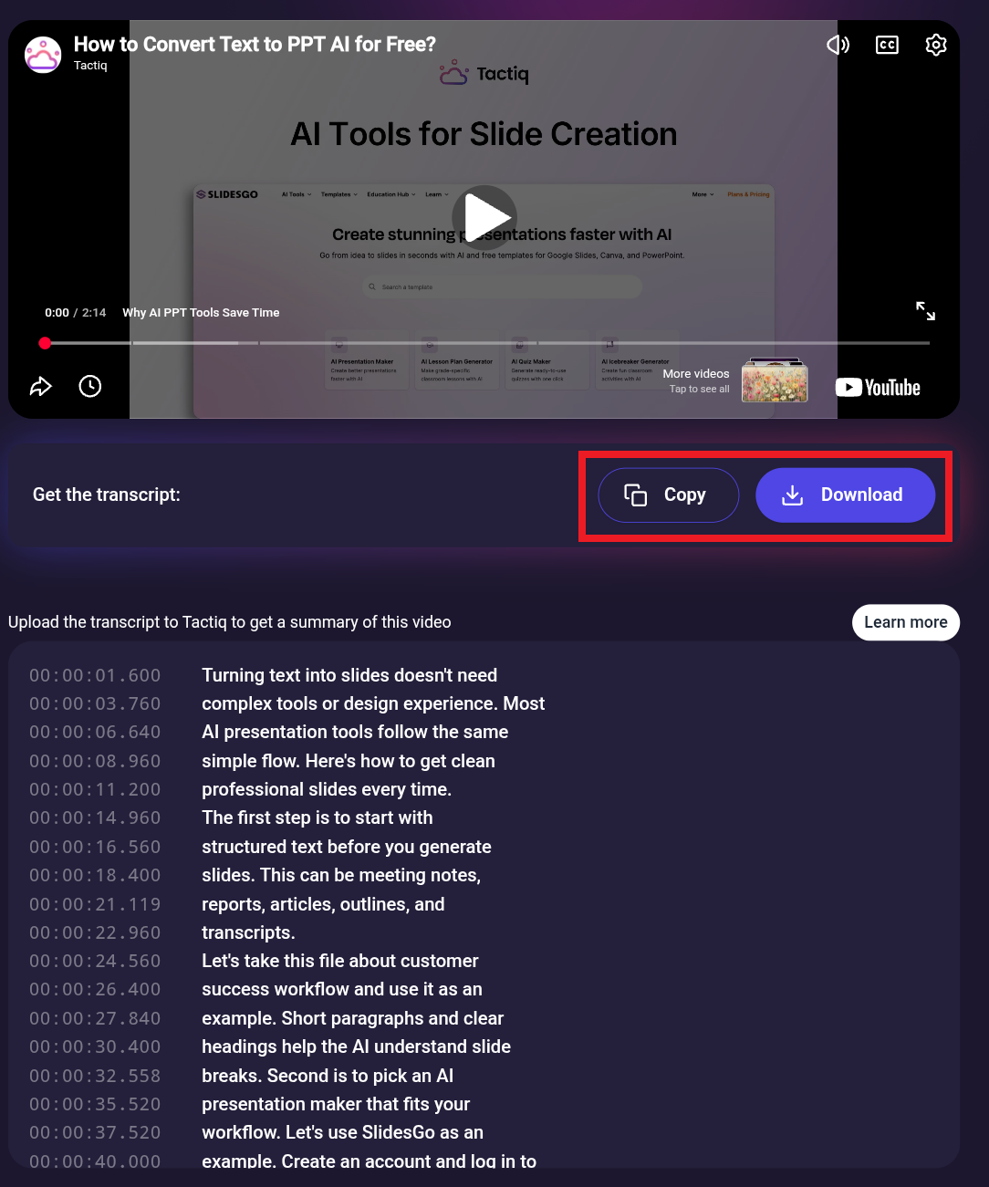 Copy or Download the Youtube transcript on mobile