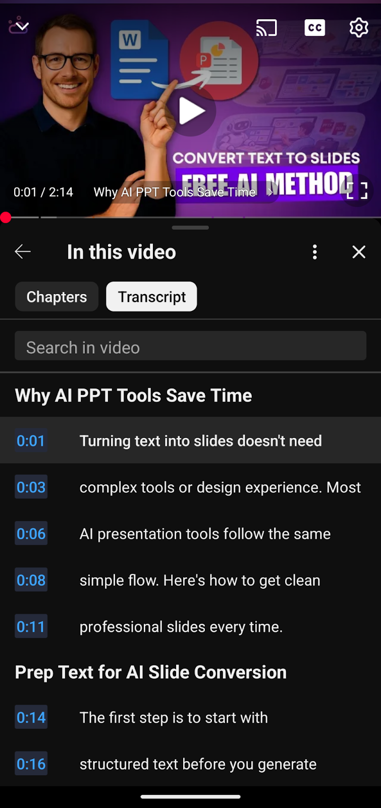 Get a YouTube Transcript Directly From YouTube (For Mobile)