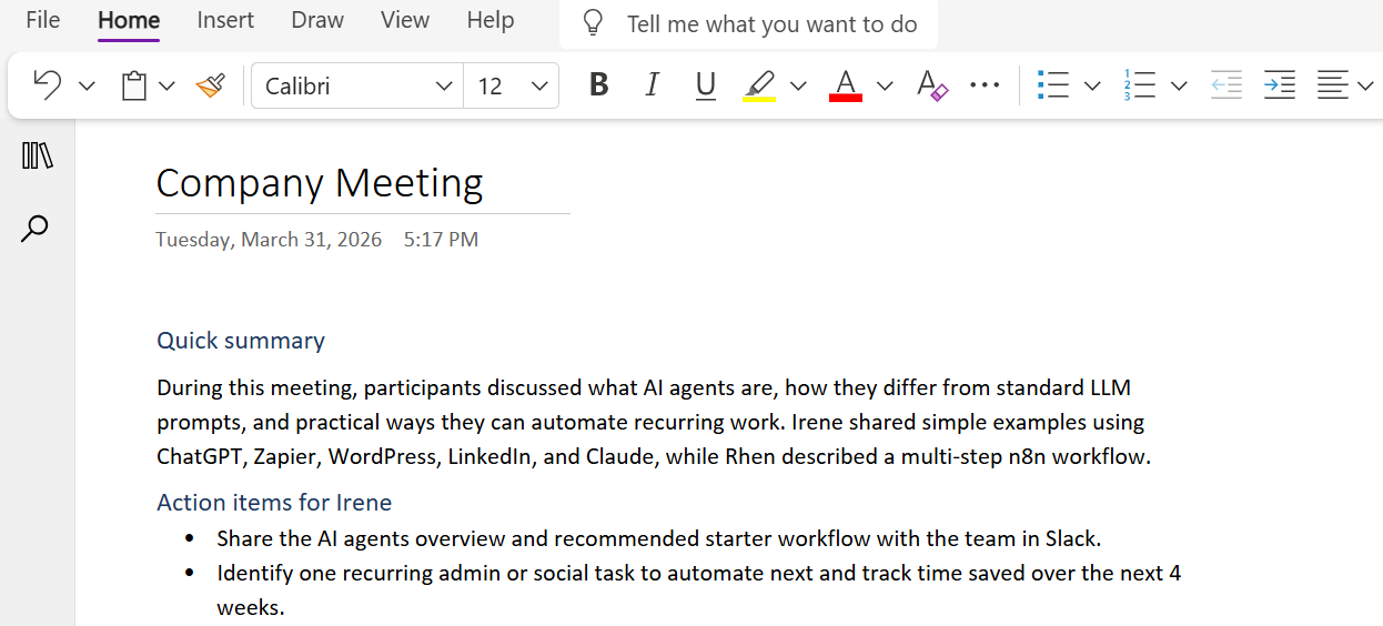 Tactiq summary to OneNote