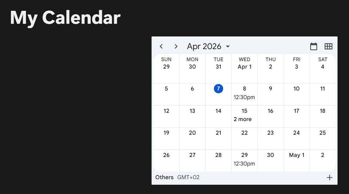 Google Calendar embedded on Notion