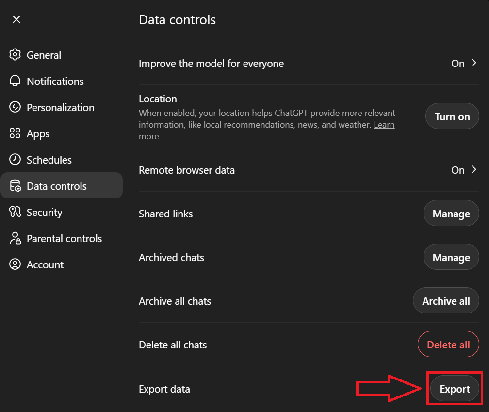 Export via ChatGPT settings (full data export)