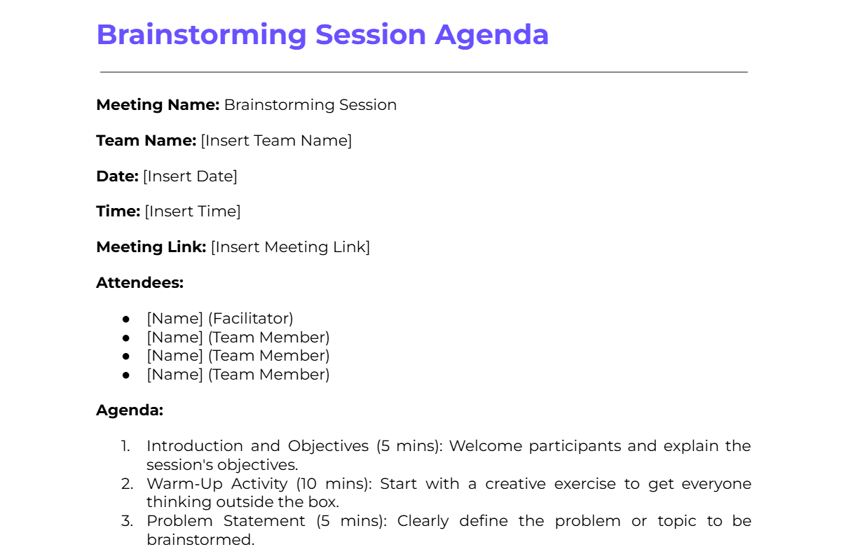 Brainstorming Session Agenda