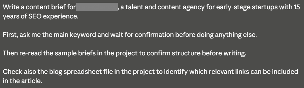 Claude project for writing content briefs