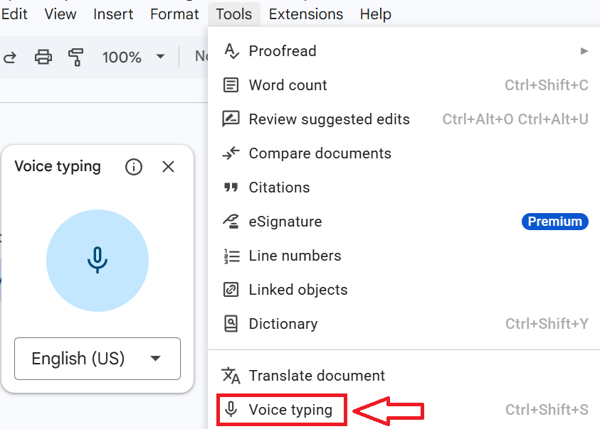 Google Docs voice typing