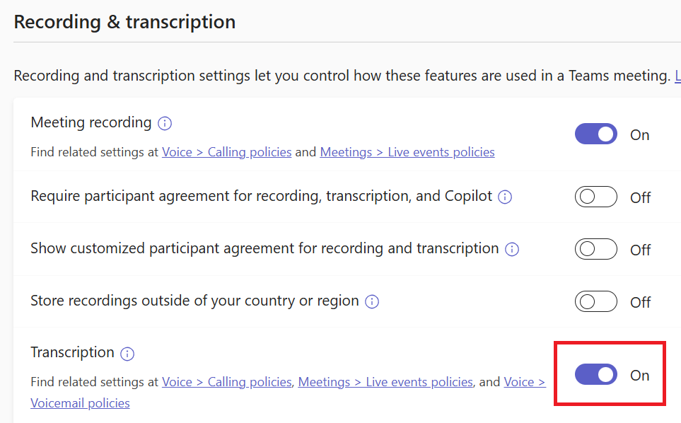 Enabling transcription in meeting policies