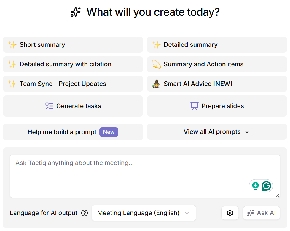 Tactiq Quick Prompts and AI tools