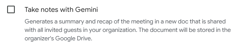 Turning off Take notes for me from the Google Calendar event.