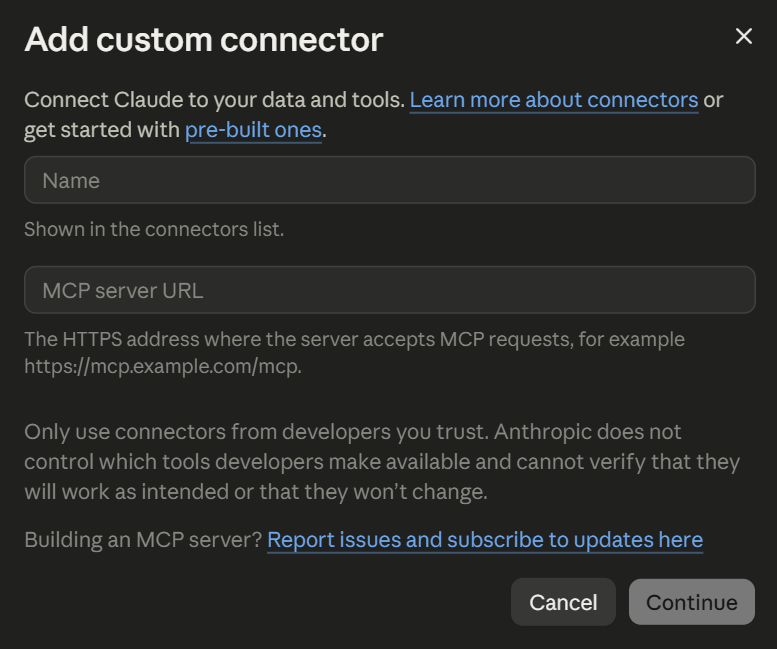 Adding a custom Claude connector