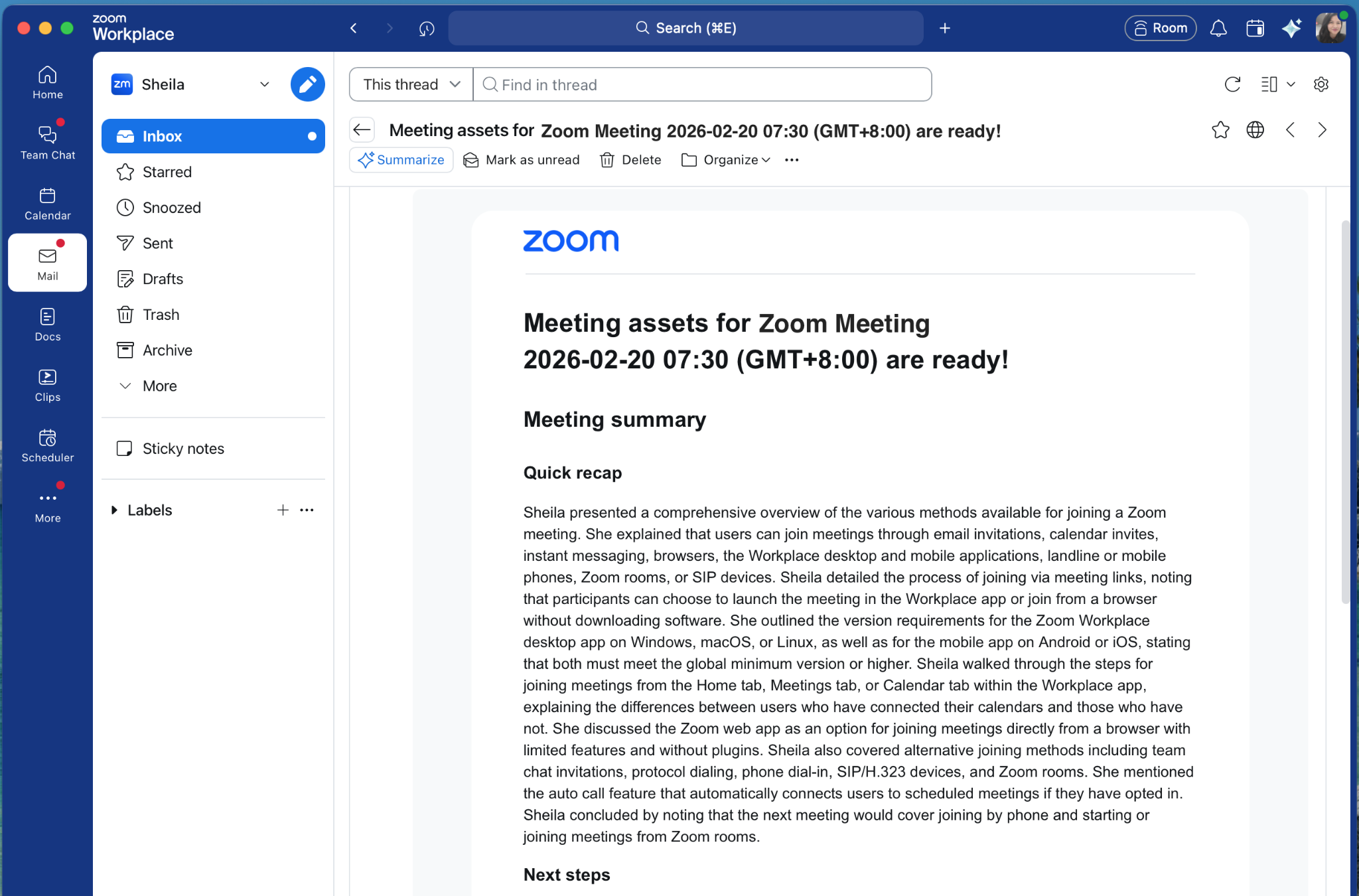 Zoom meeting summary