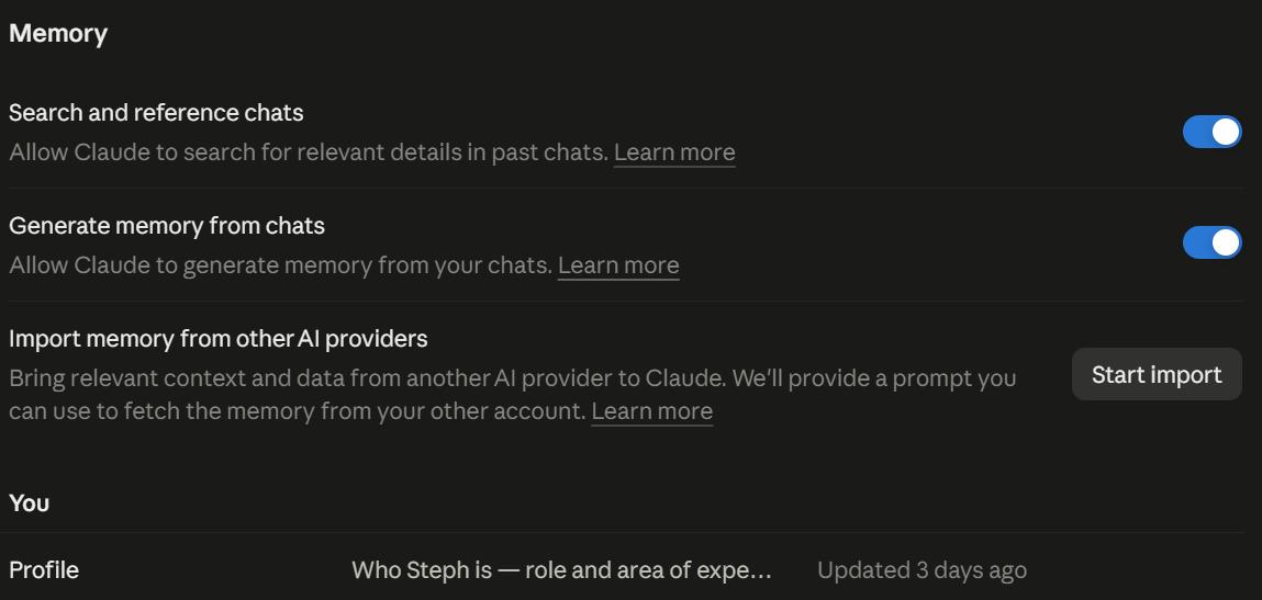 Claude memory settings