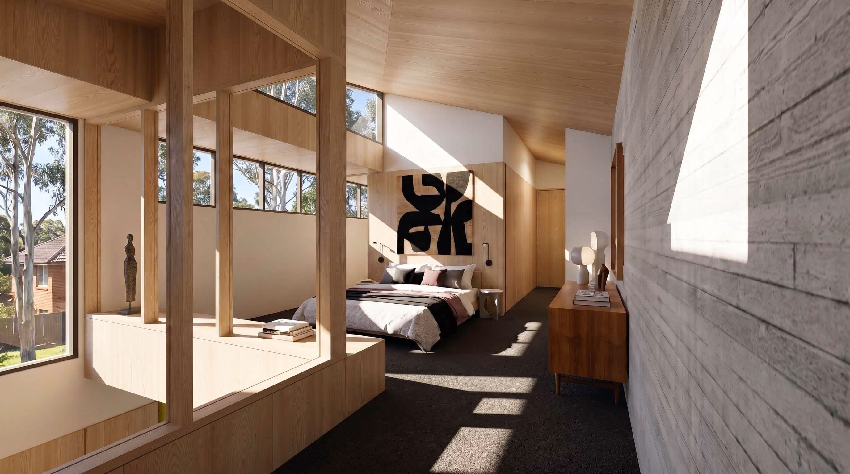 Modern bedroom with wooden ceiling and large windows letting in natural light, featuring a bed with white and gray bedding, abstract black and white artwork above it, wooden furniture, and a textured wall on the right side.