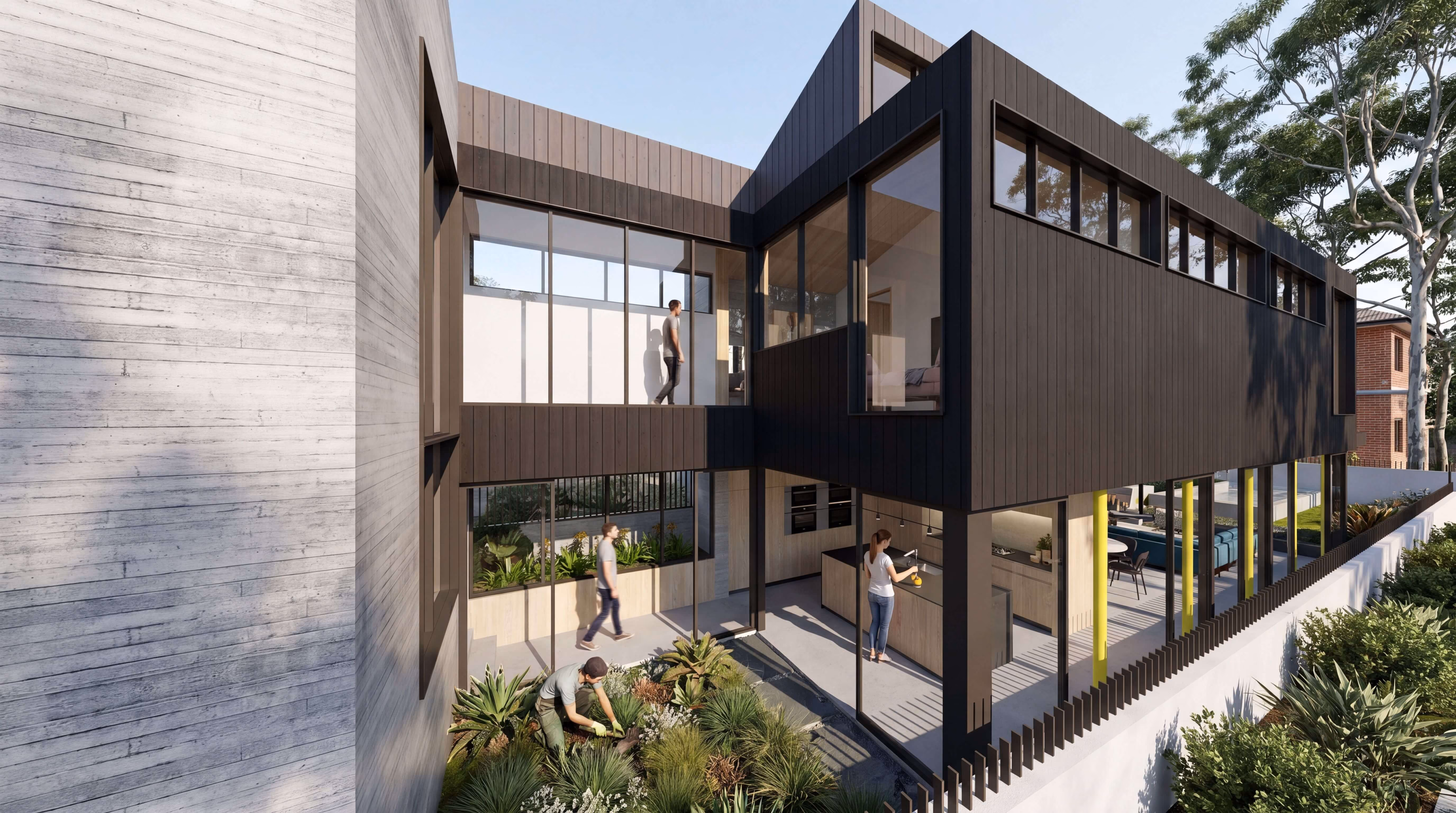 Modern two-story house with black exterior siding and large windows, featuring an open outdoor patio area where people are gardening and walking, surrounded by greenery and trees under a clear sky.