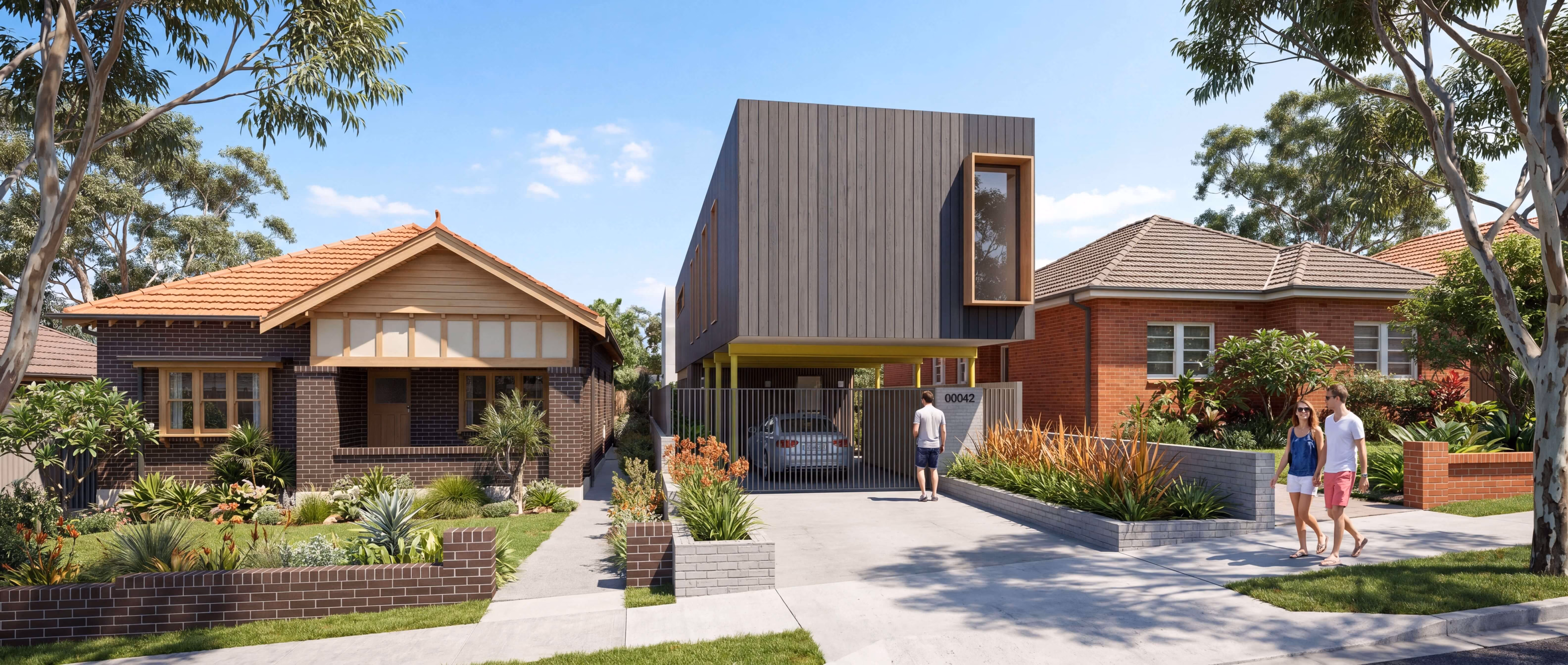 Street view of three houses showing two traditional brick homes on left and right and a central modern house with a cantilevered upper level and vertical siding; people walking on the sidewalk and driveway, surrounded by trees and landscaping under a blue sky.