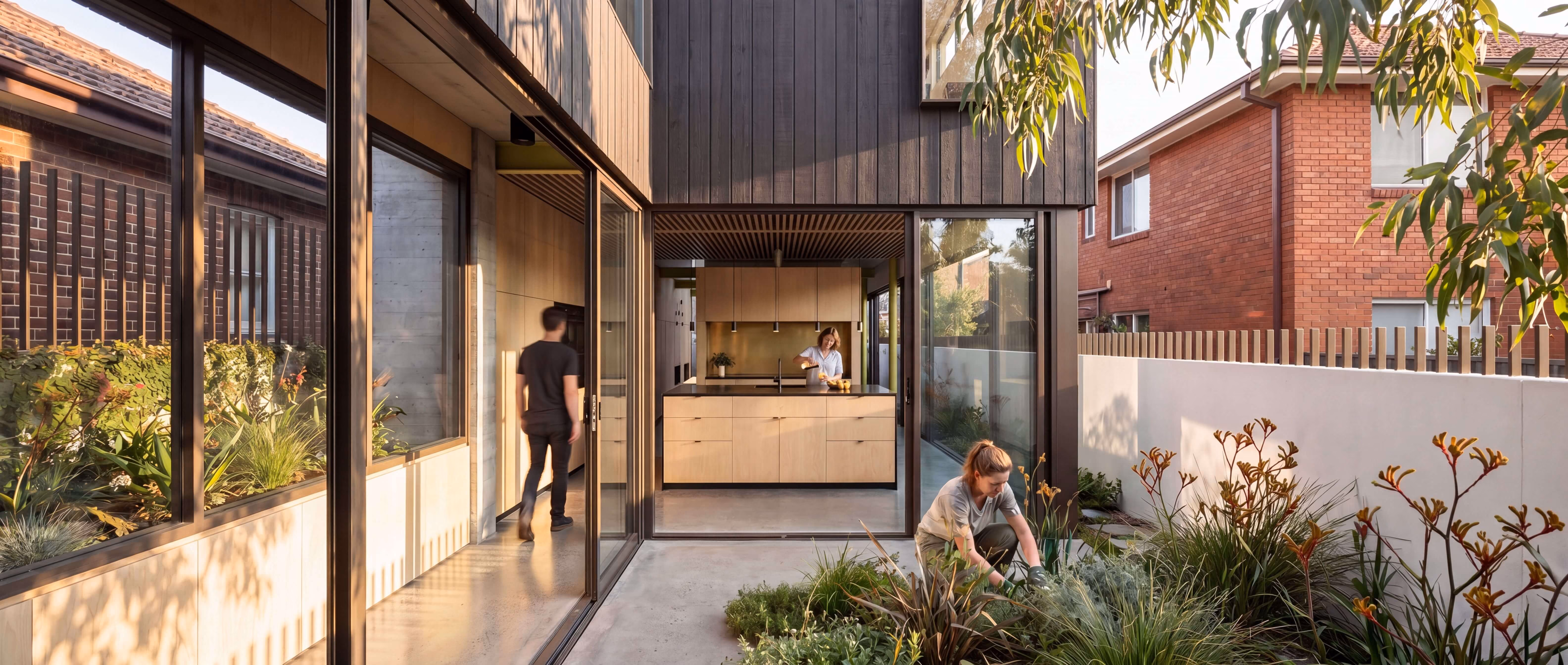 Modern home exterior with large glass doors opening to a garden area where a person tends plants, another walks indoors, and a third prepares food in a kitchen with wooden cabinetry.