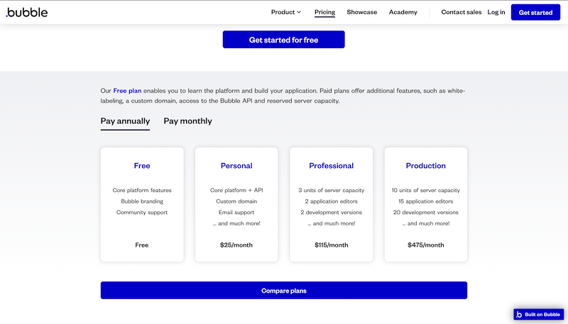 Available pricing tiers for Bubble.io