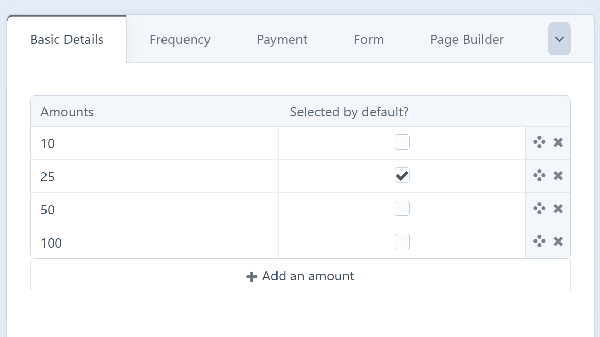 SmartRaise form Basic Details tab with amount buttons and selected by default setting