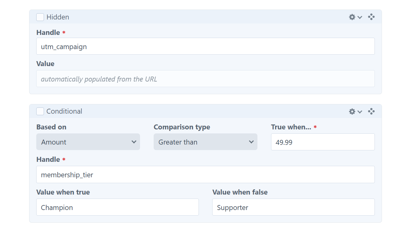 SmartRaise form field setup showing hidden and conditional fields