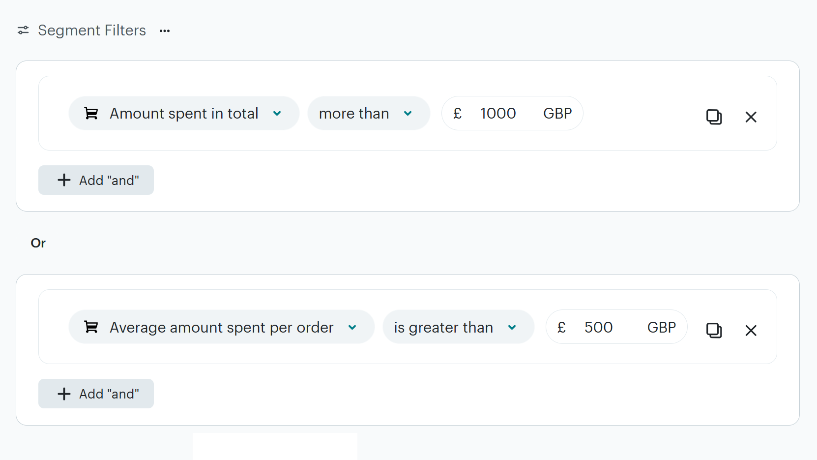 MailChimp segment builder showing e-commerce activity conditions
