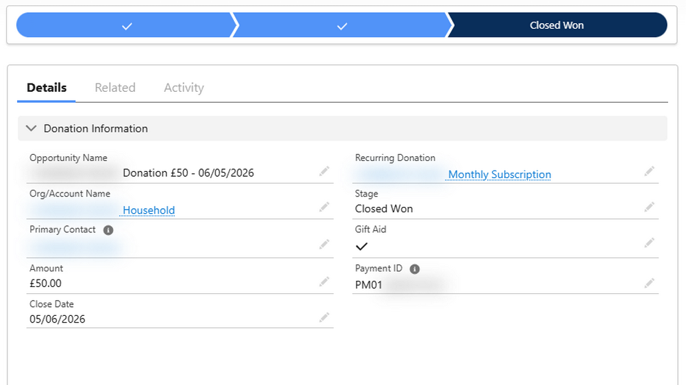 Salesforce Opportunity record showing Closed Won stage for a GoCardless Direct Debit payment, with Amount, Payment ID, and Gift Aid fields visible
