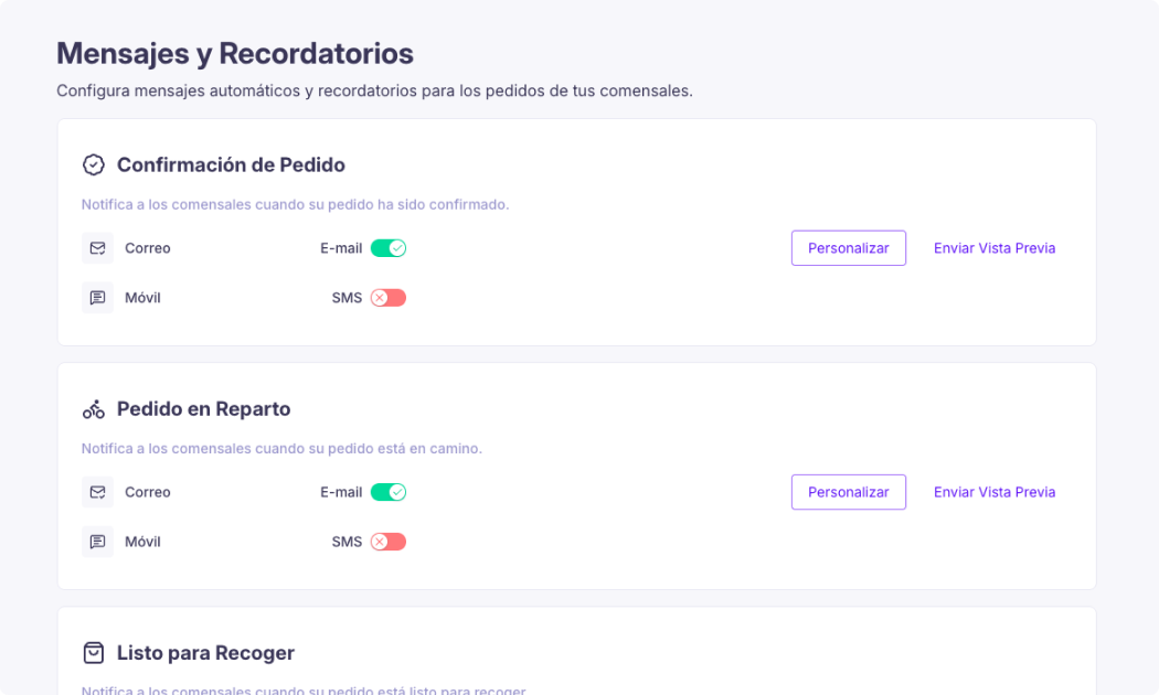Sección mensajes y recordatorios last.shop
