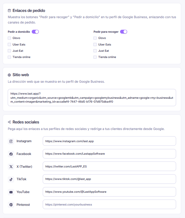 Enlaces de pedido, sitio web y redes sociales en la integración de Google Business Profile con Last.app