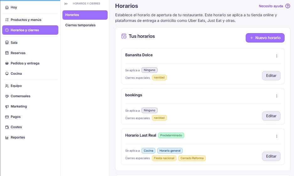 Listado de horarios guardados en LastAdmin, con la etiqueta de a qué área se aplica cada uno.