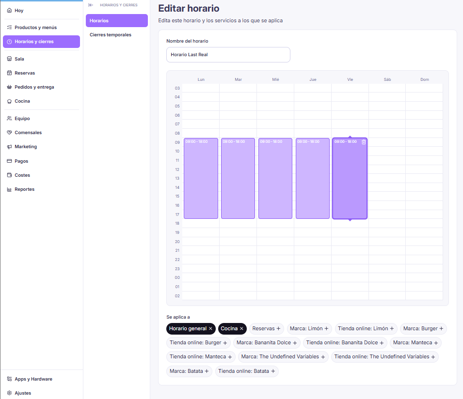 Pantalla de edición de un horario en LastAdmin: calendario semanal con las horas marcadas y las áreas a las que se aplica el horario.