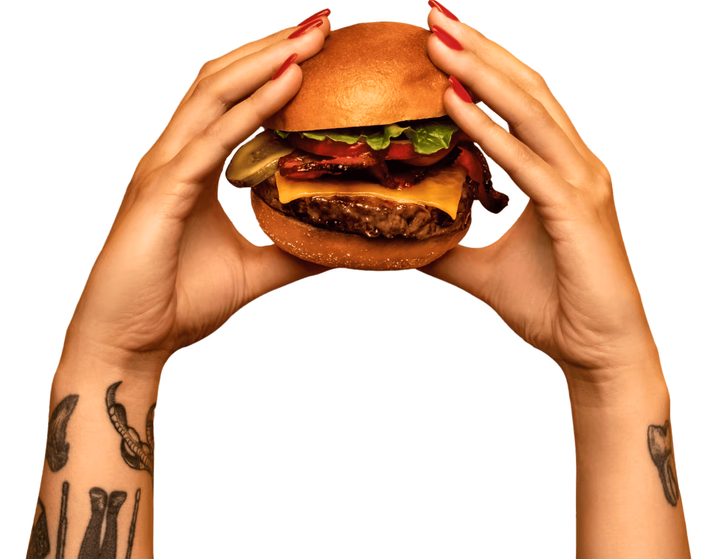 two hands holding a hamburger