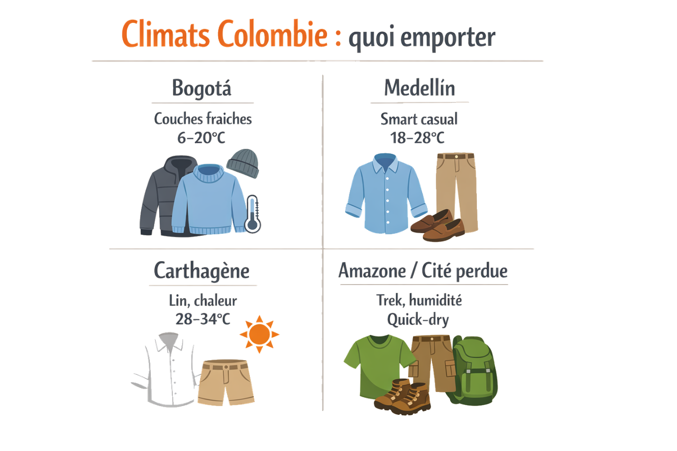 Infographie climats Colombie pour les bagages : Bogotá Medellín Carthagène Amazonie