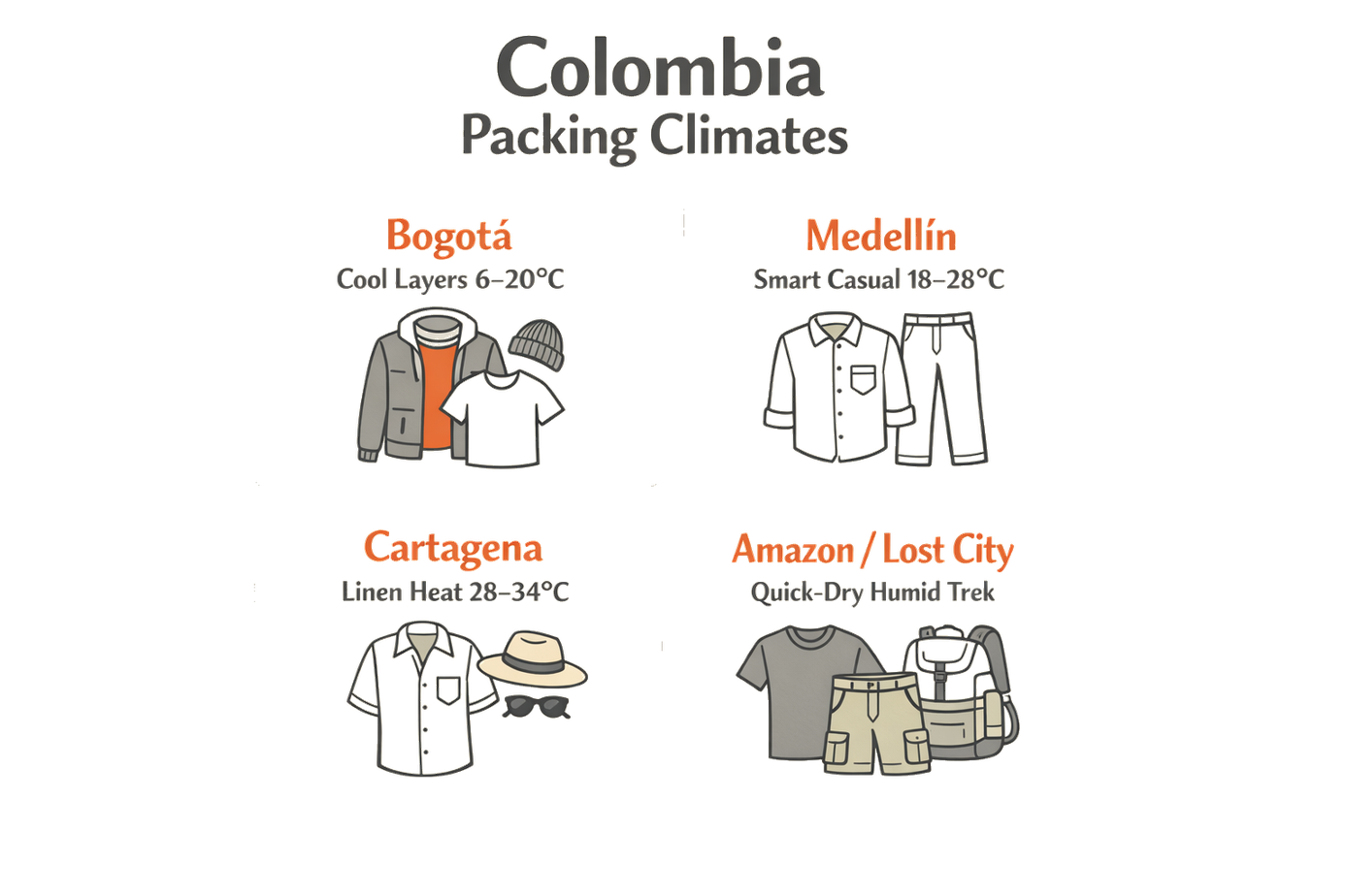 Colombia packing climates infographic Bogotá Medellín Cartagena Amazon Lost City