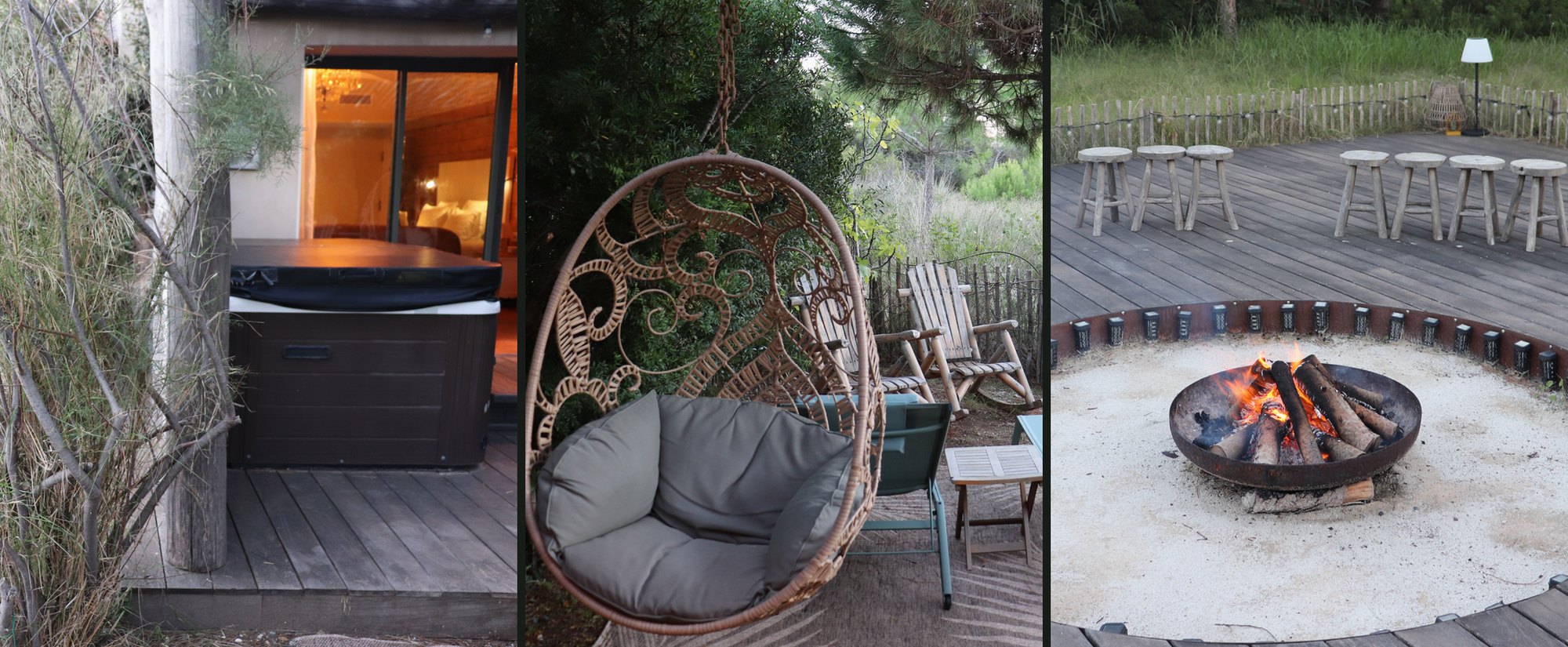 A terrace, a hanging chair and the evening fire at the hamlet