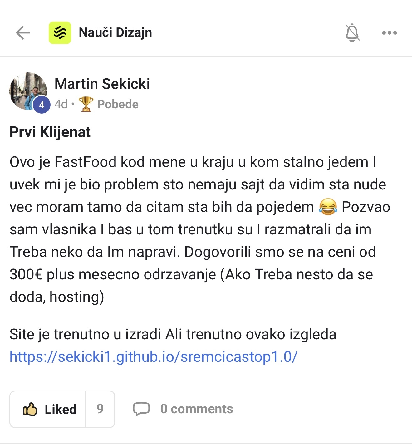 Martin Sekicki - prvi klijent, sajt za FastFood (300€)