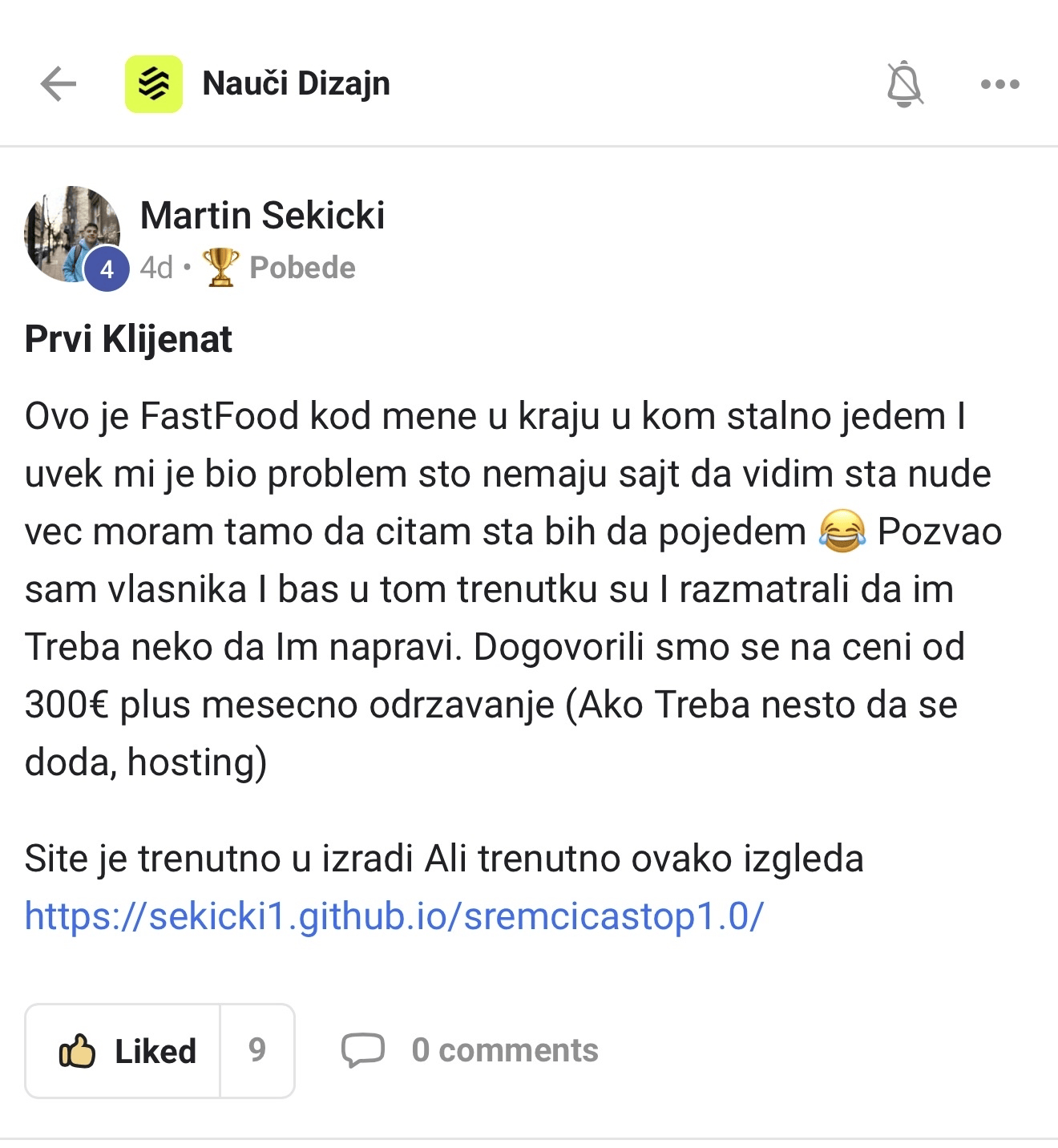 Martin Sekicki - prvi klijent, sajt za FastFood (300€)
