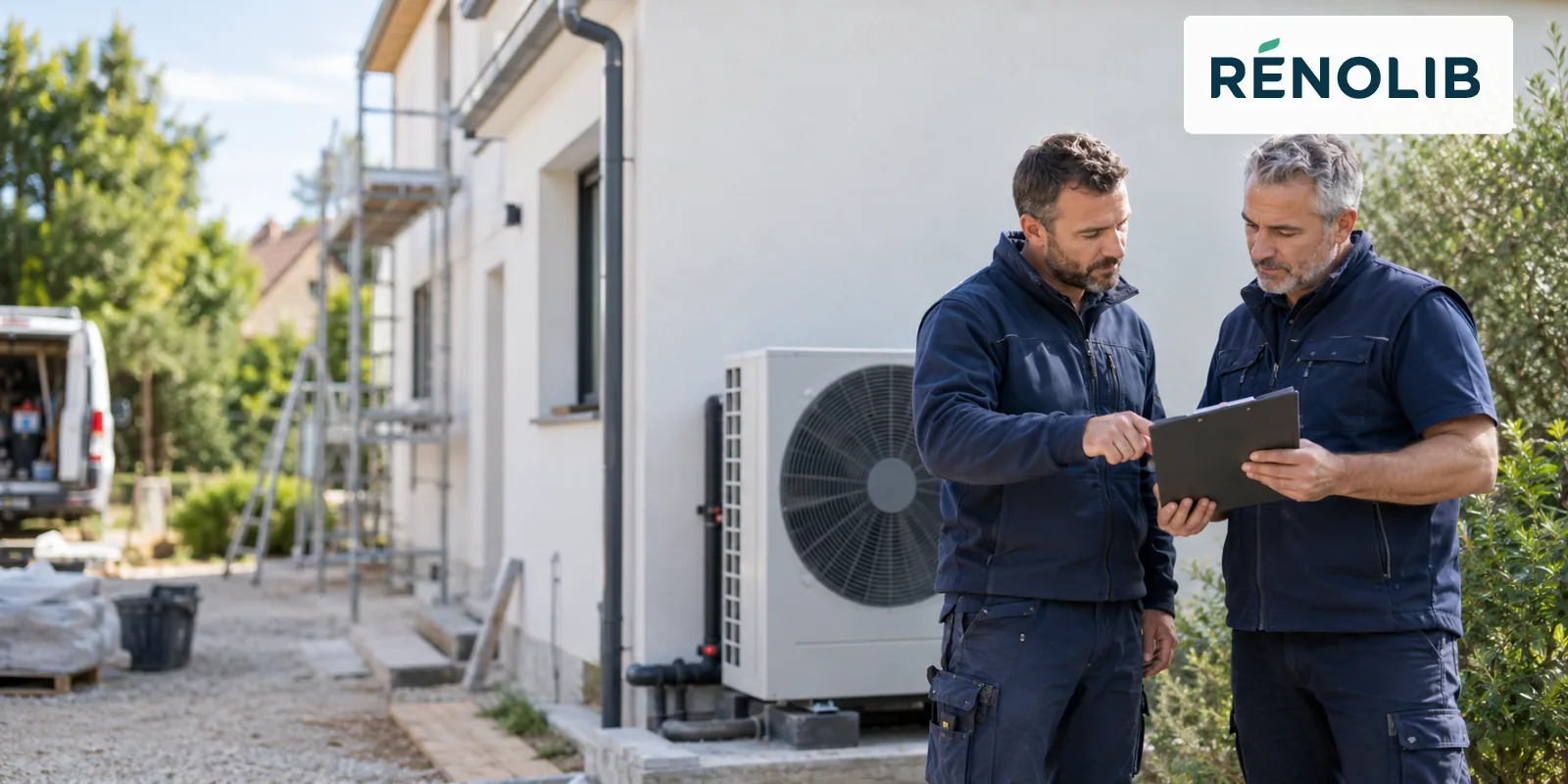 Image générée : deux professionnels examinent un dossier sur un chantier, près d’une pompe à chaleur.