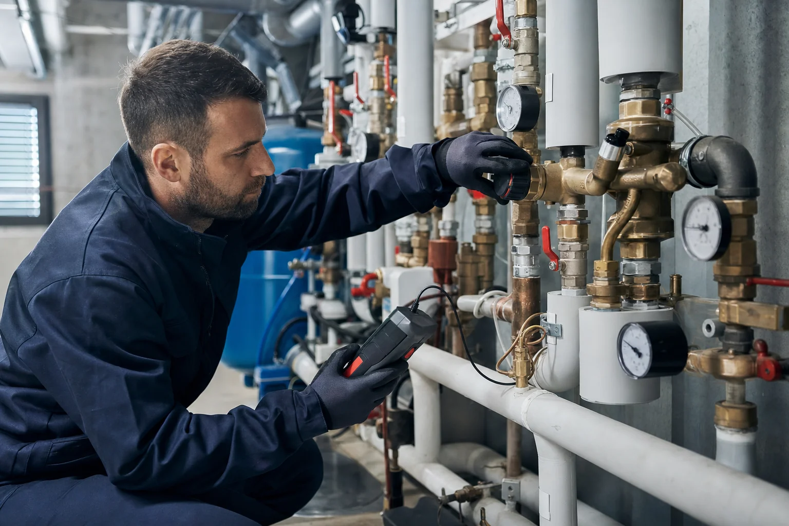 Technicien chauffagiste réglant une vanne d'équilibrage hydraulique dans une chaufferie collective
