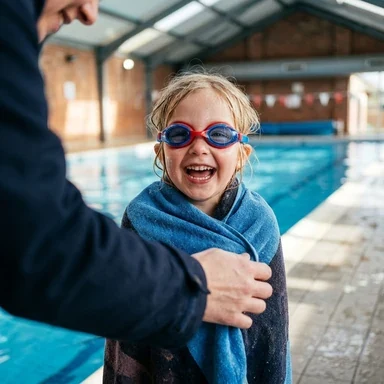 A child wearing swimming goggles
