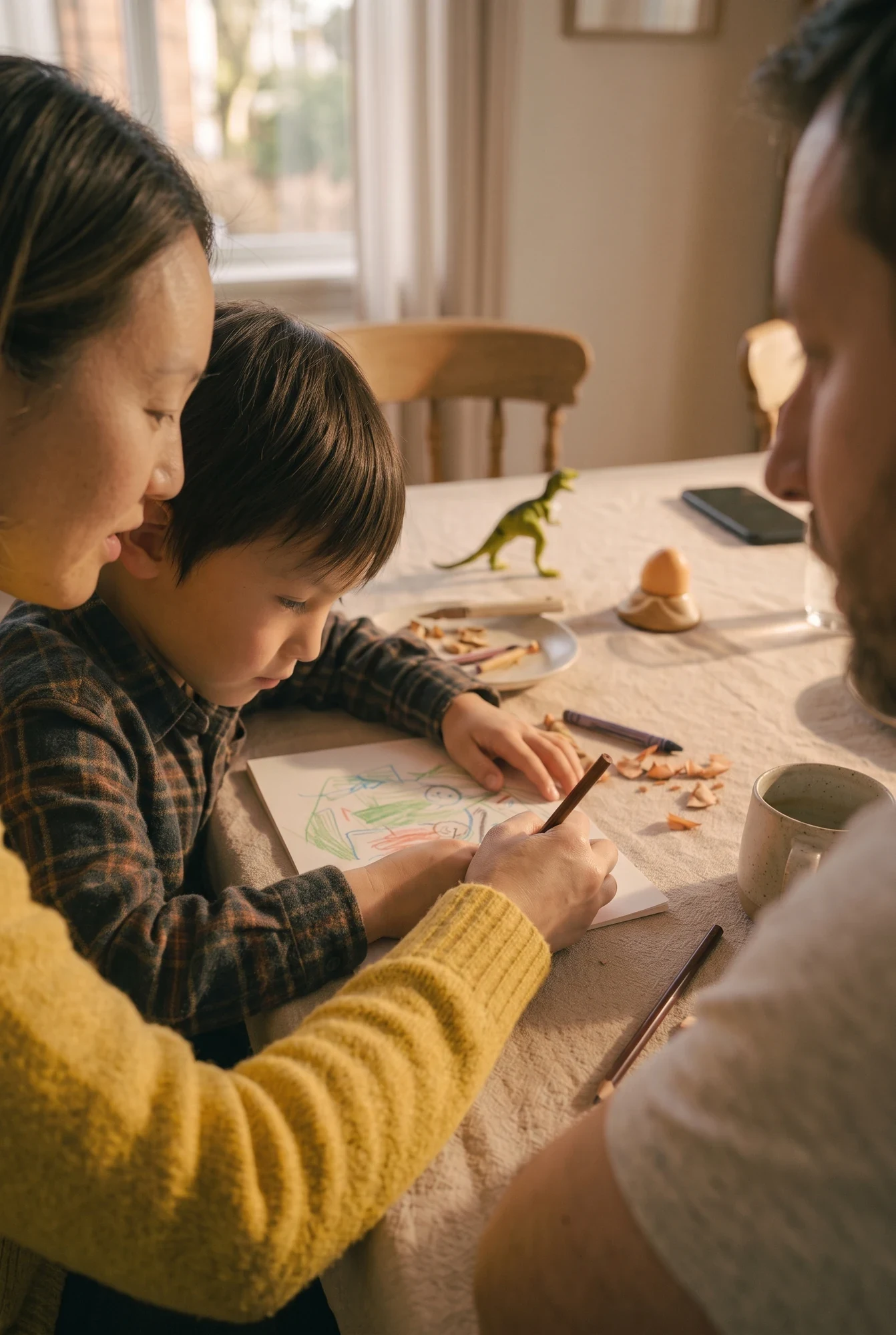 A mother and child drawing together around their kitchen table.