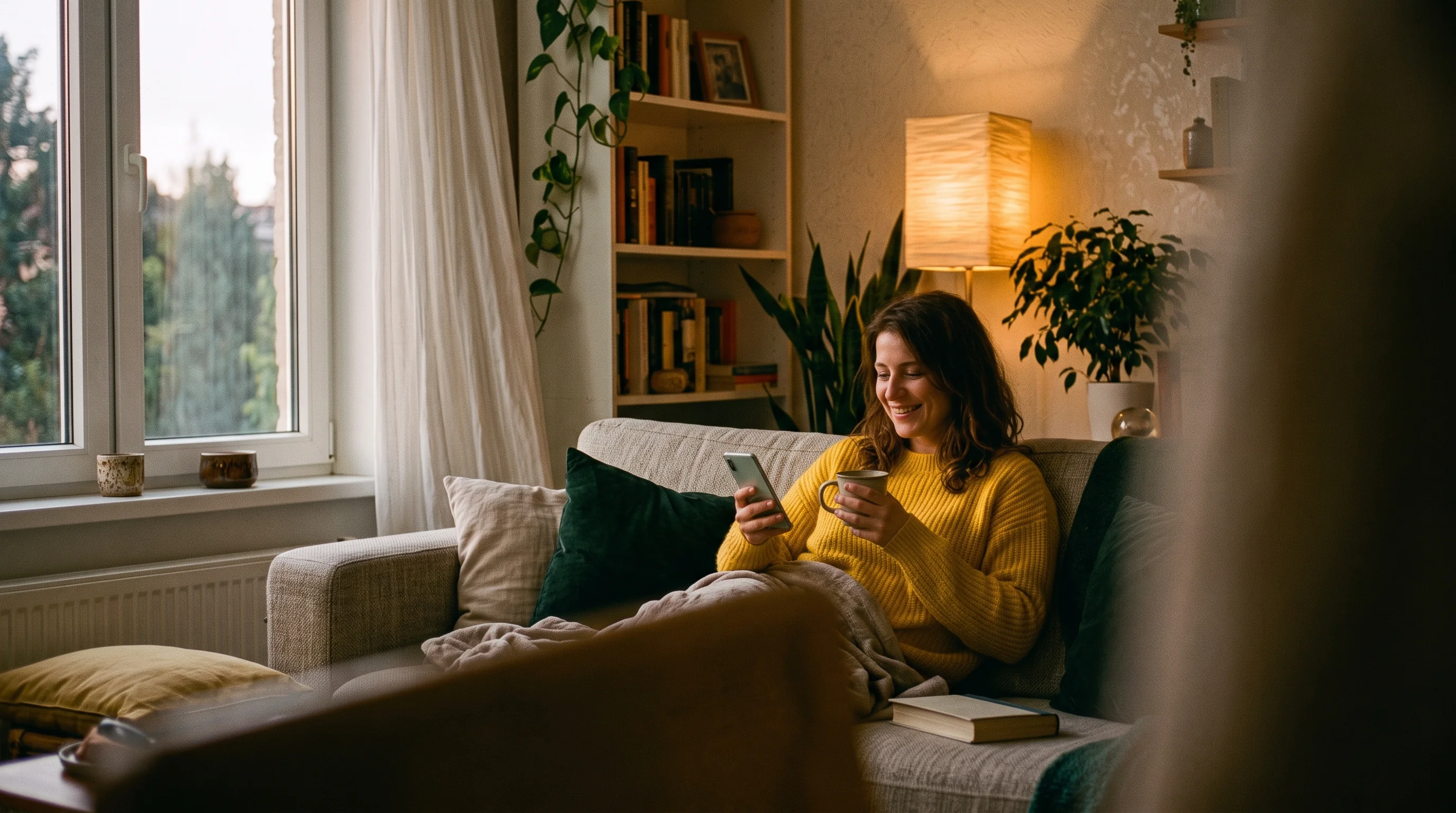A woman in a yellow jumper relaxing with her phone and a cup.