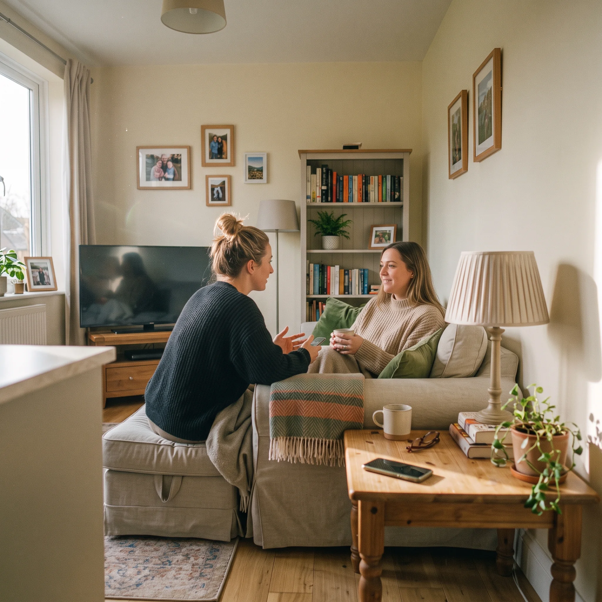 Two women chatting together on a sofa in a sunlit living room.