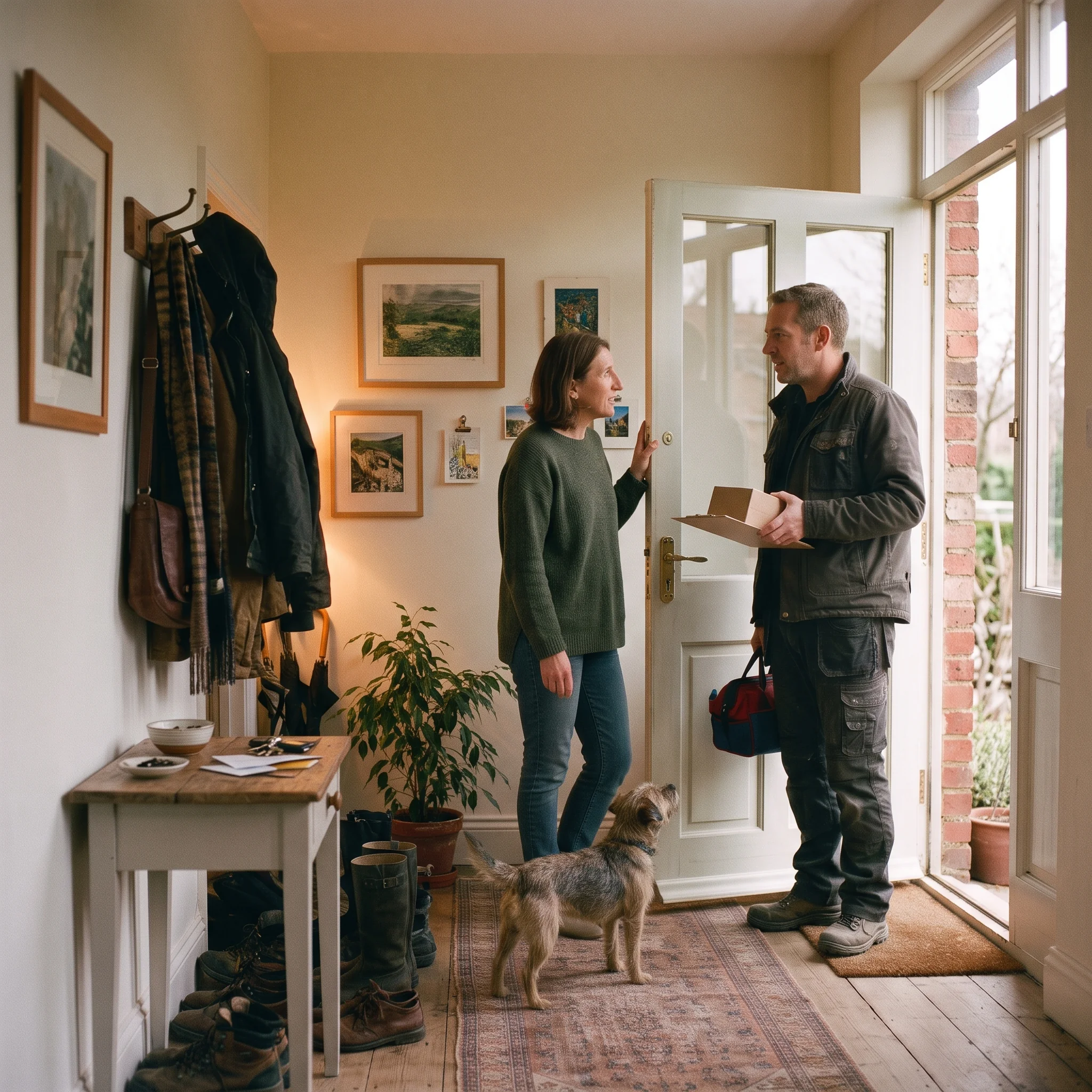 A woman and her dog welcoming a tradesperson at the front door.