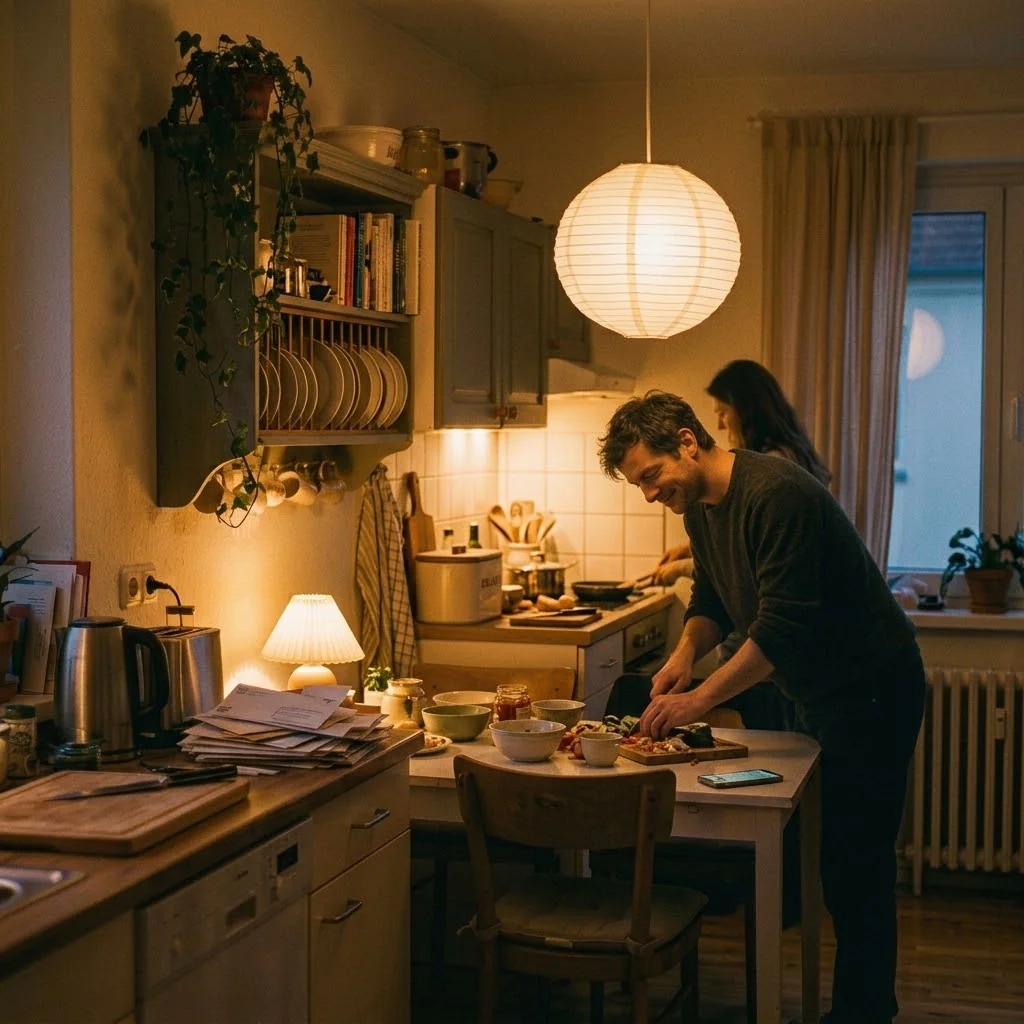 A couple preparing a meal together in a warmly lit kitchen.