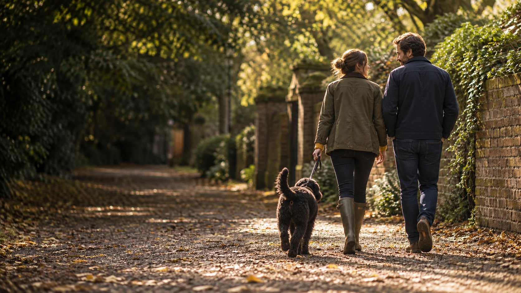 A couple walking their dog along a tree-lined path