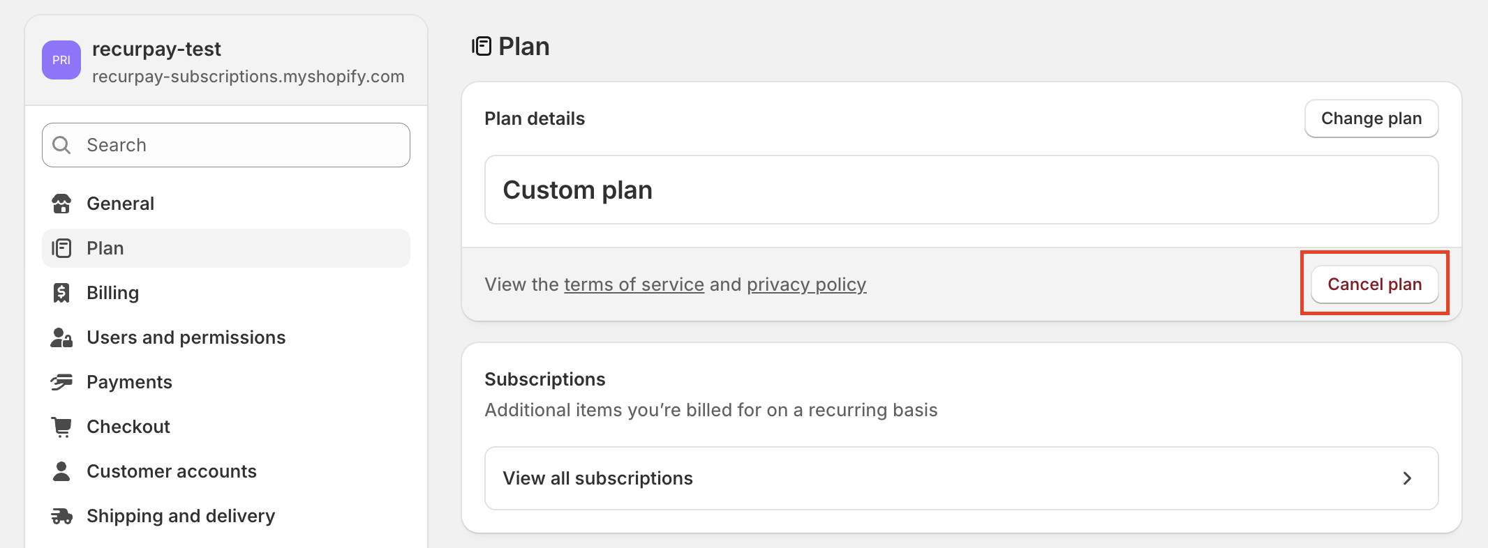 Shopify Admin showing Cancel plan button under Settings → Plan