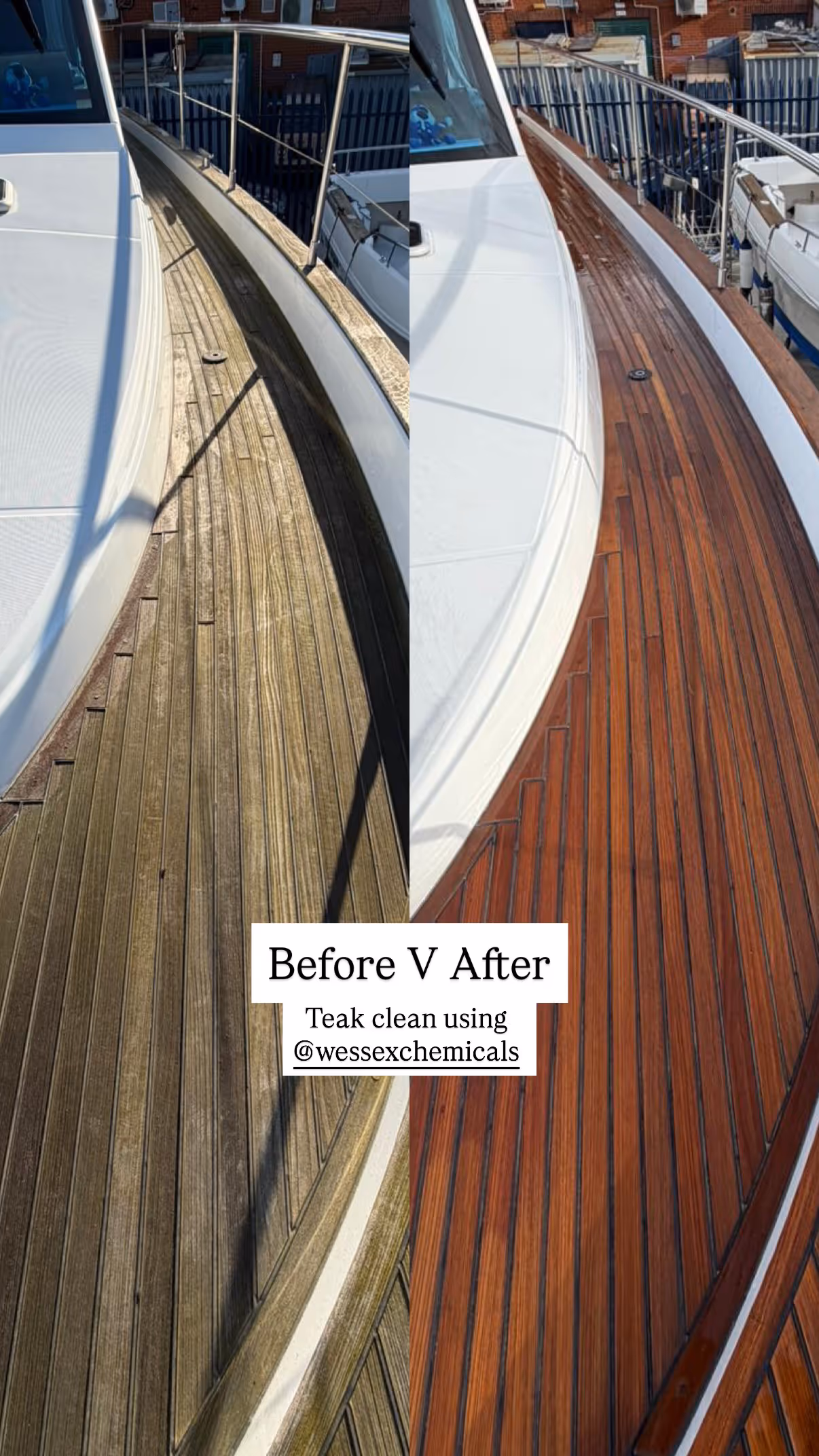 Side-by-side comparison of a boat deck before and after cleaning, showing clear improvement.
