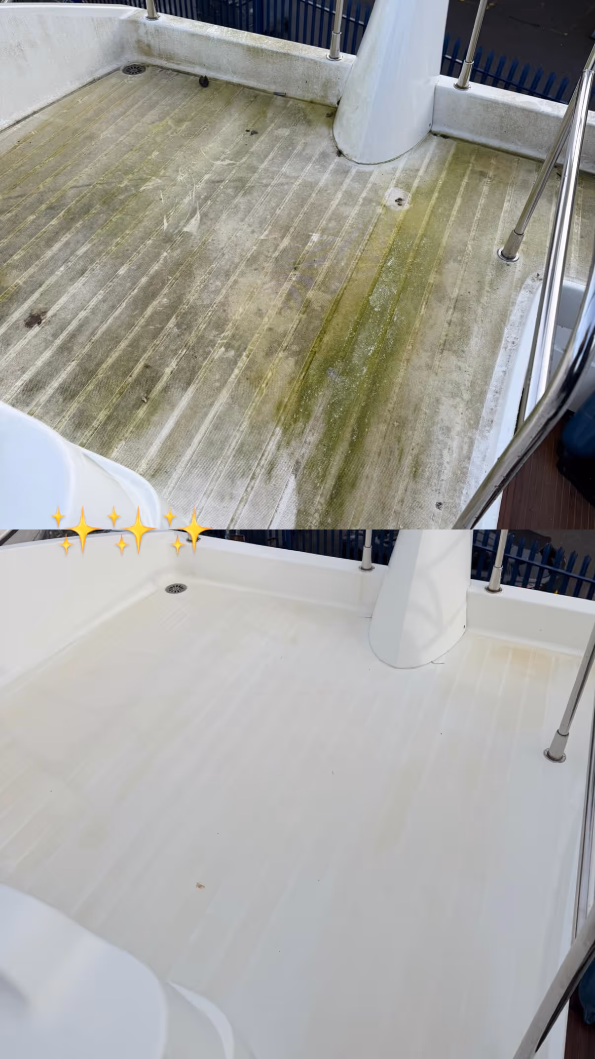 Boat deck cleaning comparison: Top image shows a dirty deck. Bottom image shows the deck clean and spotless.