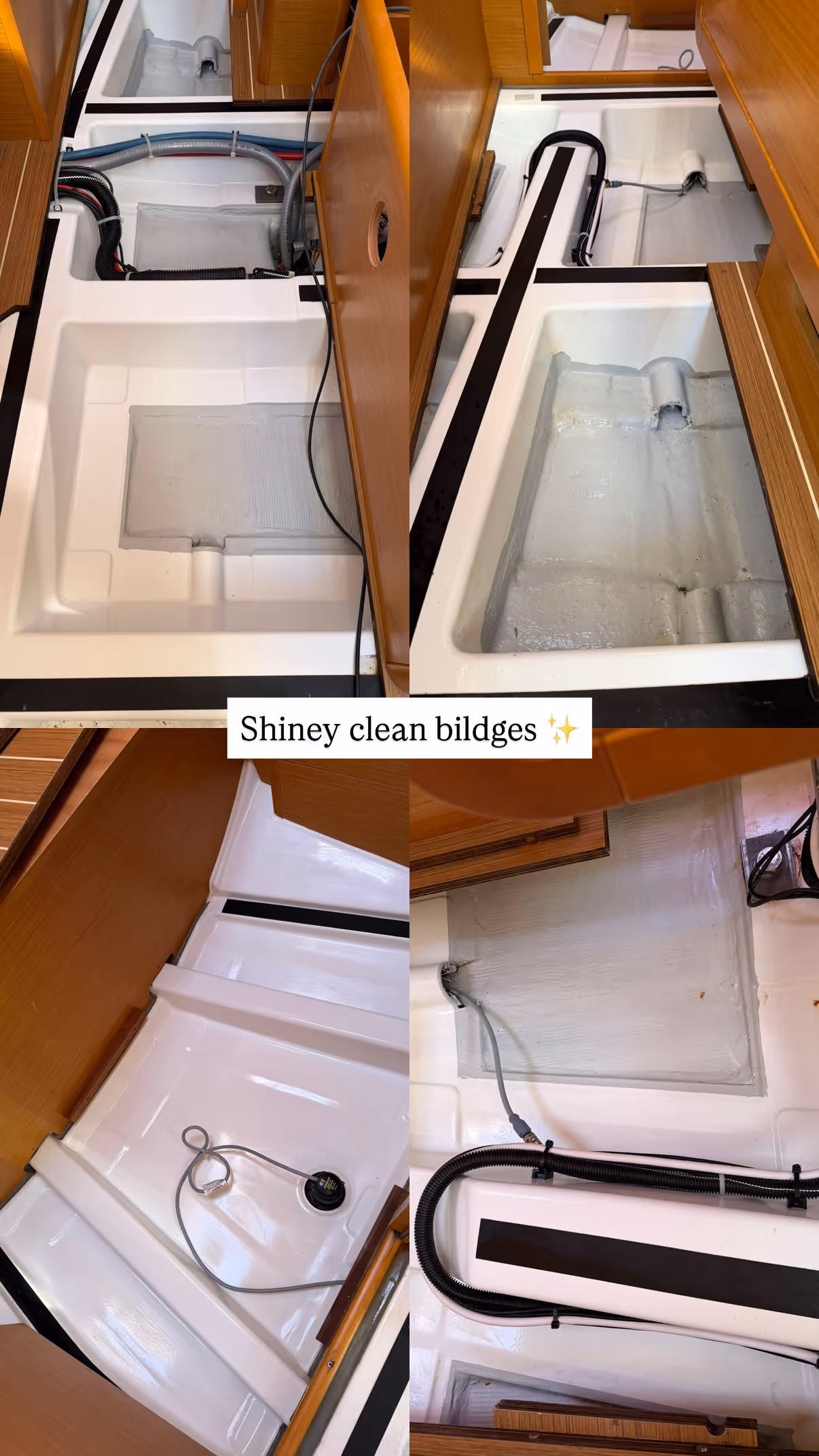 Four images showing clean, empty bilge compartments on a boat with hoses and wiring visible.