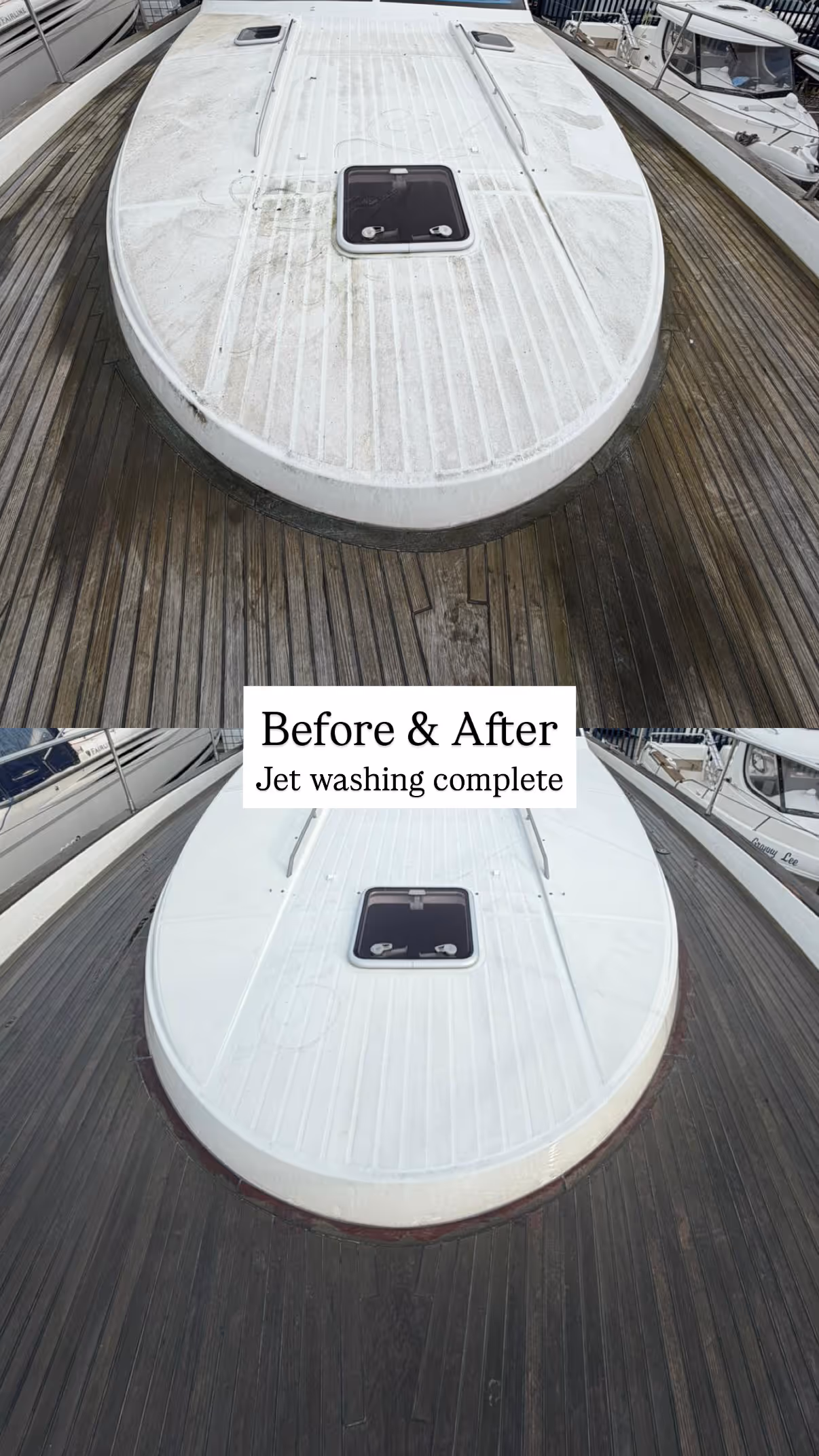 Top image shows dirty boat deck; bottom image shows same deck, cleaned after jet washing.